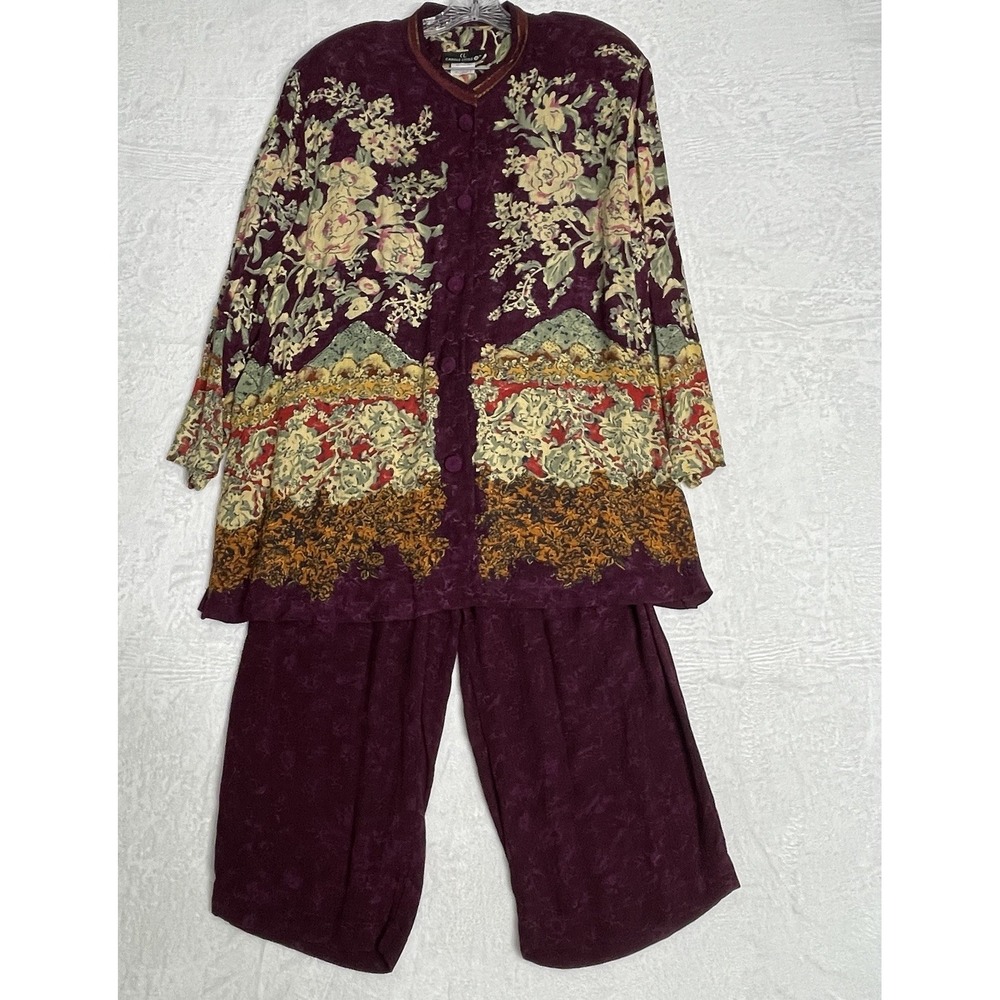 Vintage Carole Little  Size 20 ~ 2 Piece‎ Pants Set Burgundy with floral
